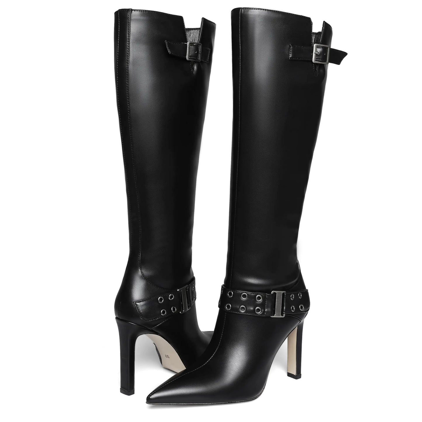 Black Buckle Stiletto Knee High Dress Boots