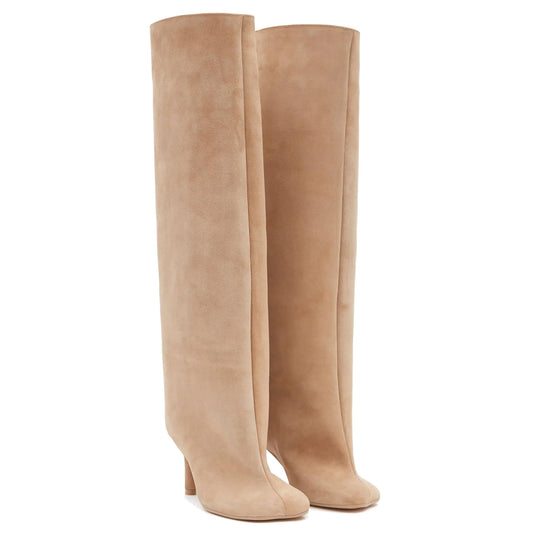 Beige Suede Stiletto Knee High Boots
