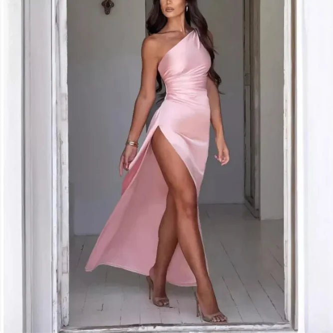 Sleek Satin One Shoulder Slit Dress