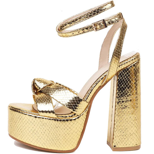 Gold Metallic Platform Block Heels Ankle Strap
