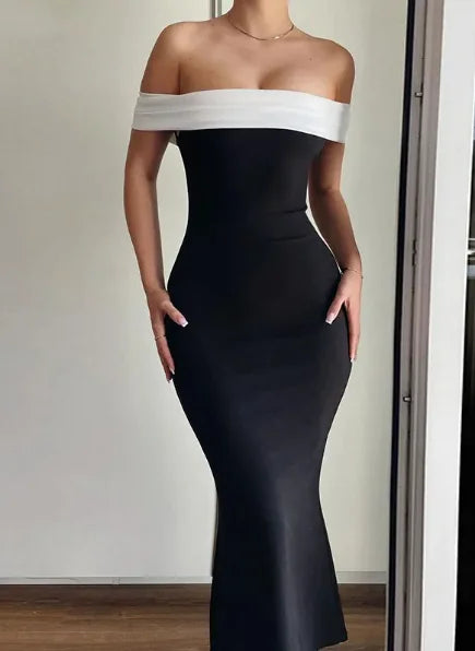 Off Shoulder Contrasting Color Slim Fit Dress