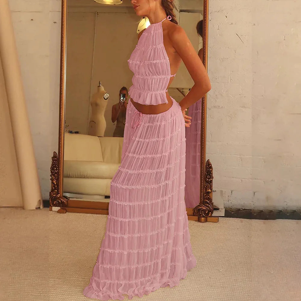 Chic Halter Crop Top and Pleated Maxi Skirt