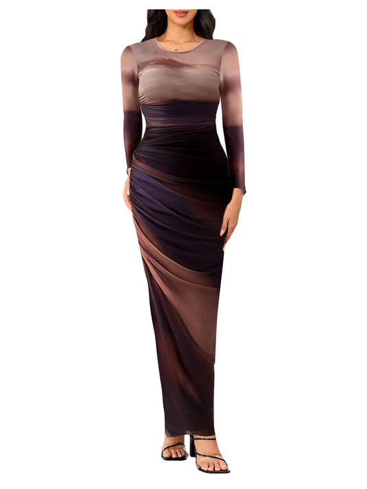 Maroon Tie Dye Ruched Mesh Maxi Dress