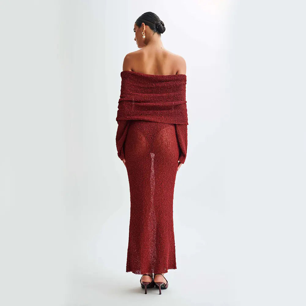 Off Shoulder Knitted Long Sleeve Maxi Dress
