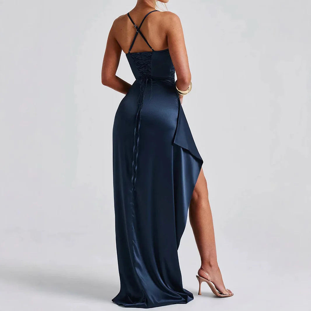 Backless Satin Spaghetti Strap Slit Dress