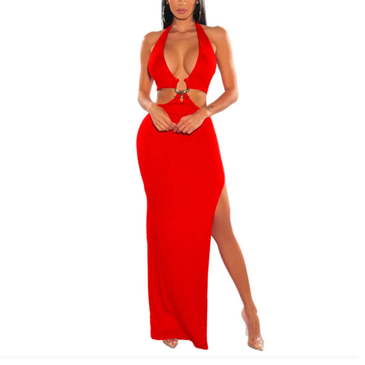 Halter V Neck Cutout High Slit Maxi