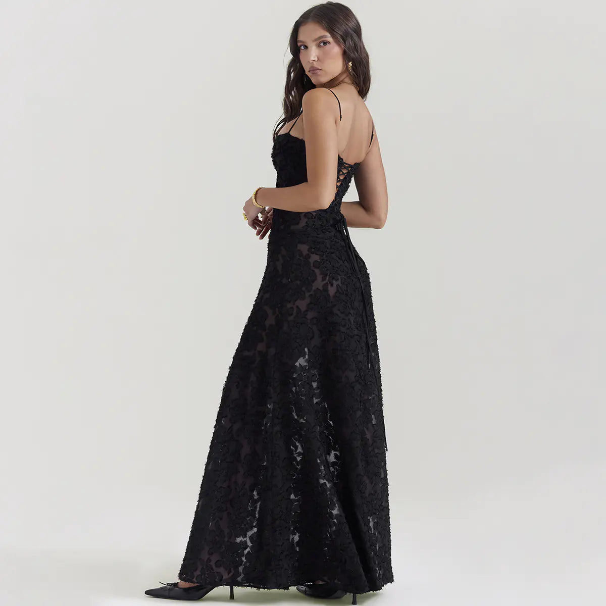 Black Sheer Backless Evening Gown