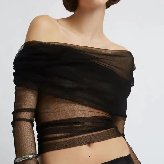 Sheer Off-Shoulder Mesh Long-Sleeve Top