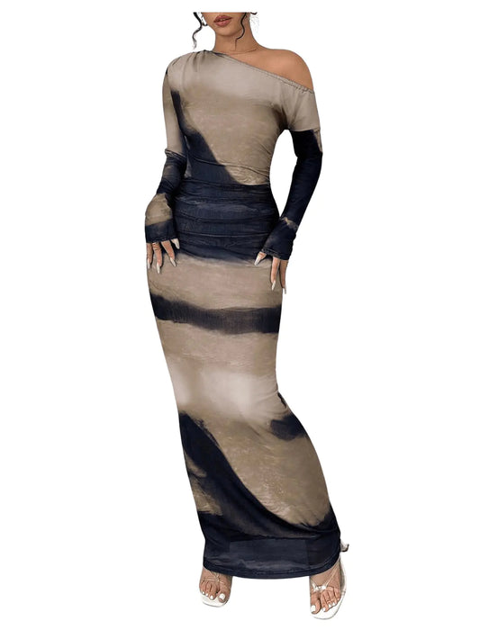 Tie Dye Ruched Asymmetrical Neck Mesh Maxi Dress