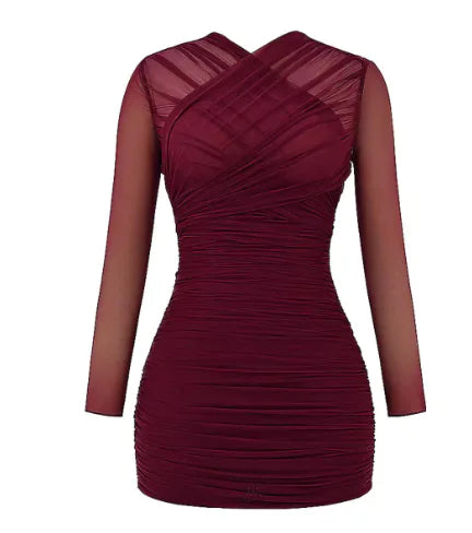 High Waist Pleated Wrapped Long Sleeve Dress