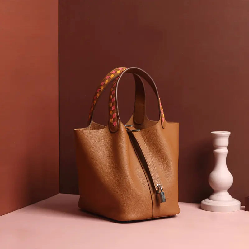 Genuine Leather Woven Bucket Tote Bag