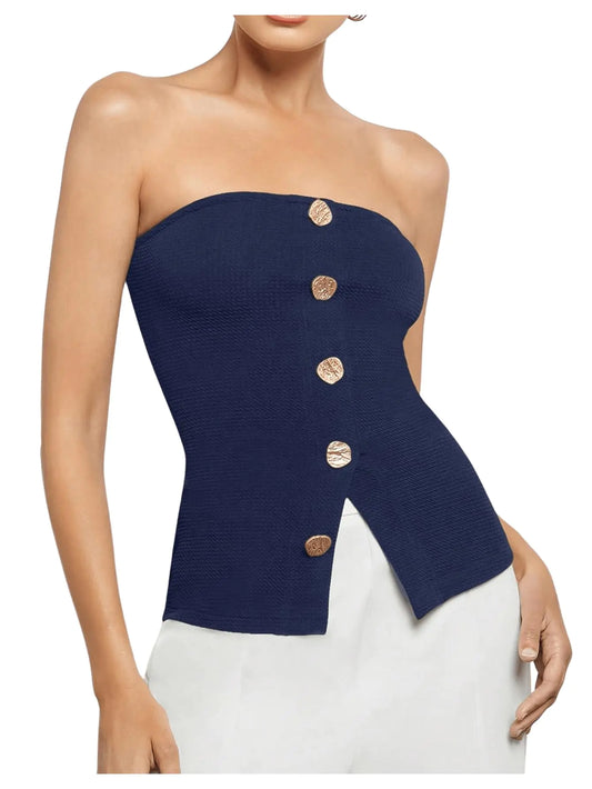 Button Front Strapless Bandeau Tube Top