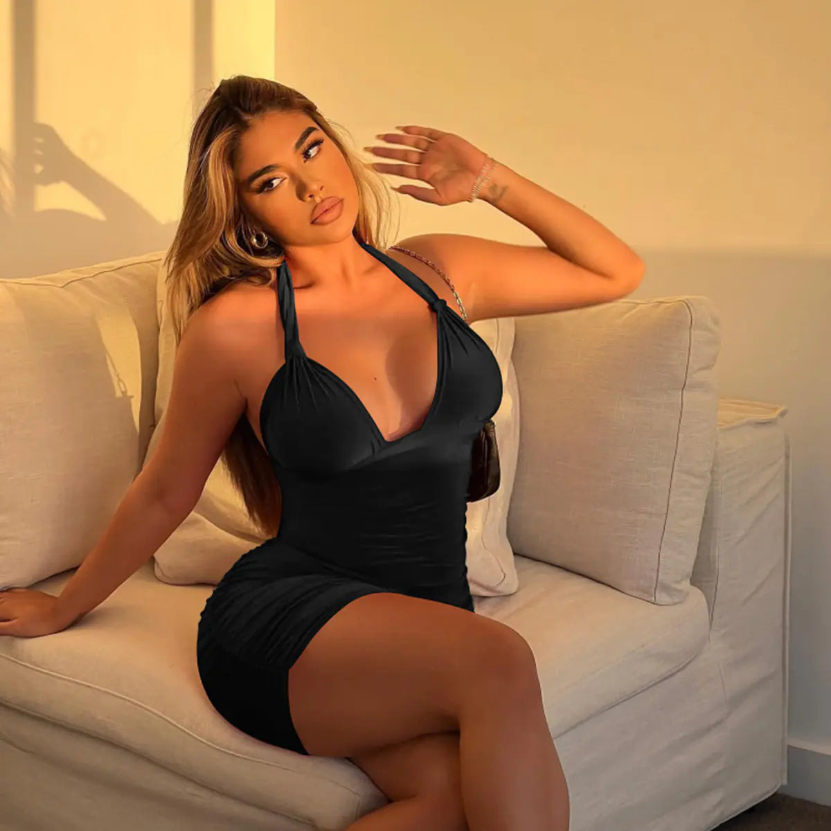 Deep V Neck Lace Up Backless Mini Dress