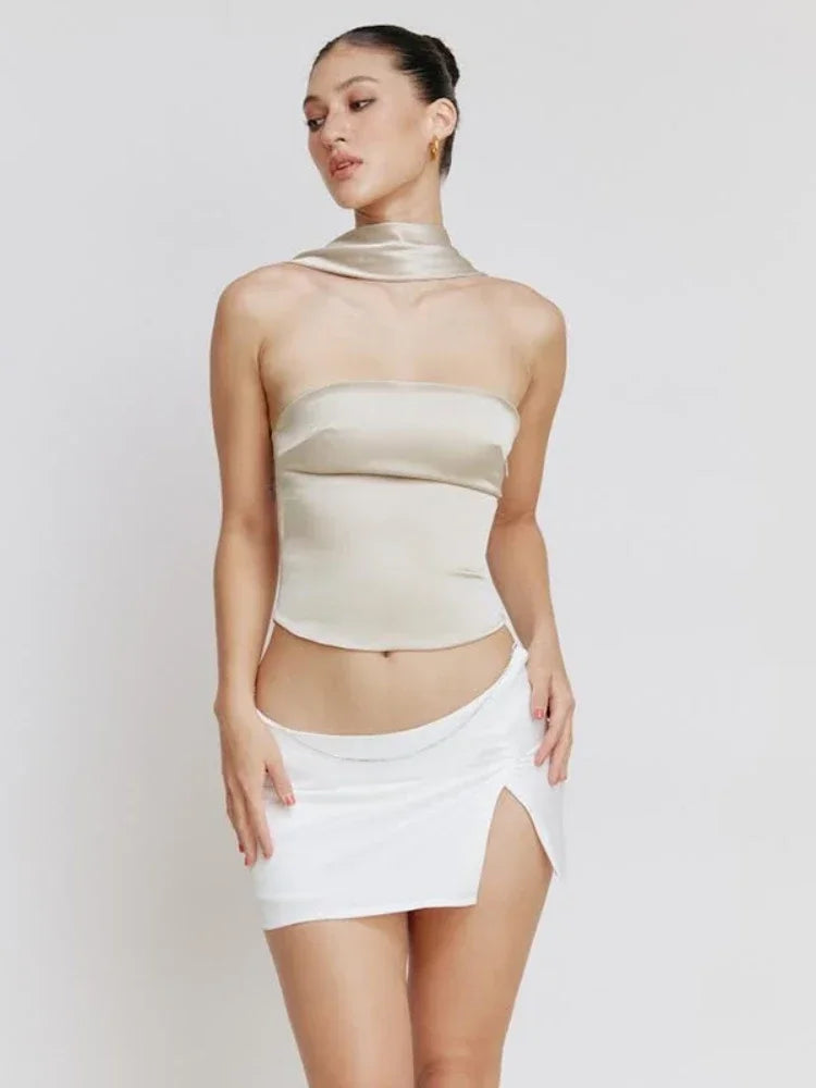 Sexy Satin Halter Backless Crop Top