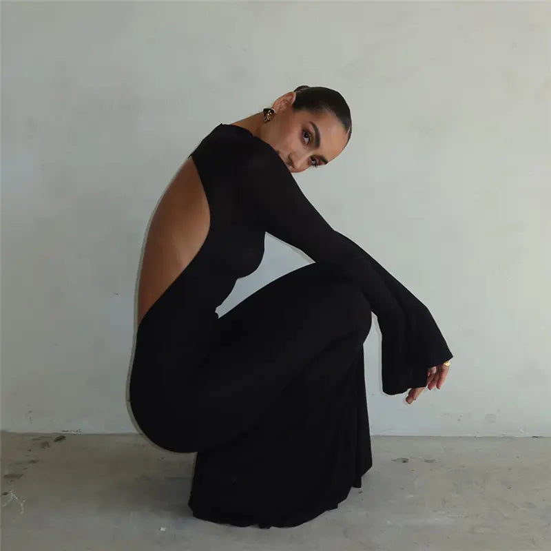 Backless Slim Fit Long-Sleeve Evening Dress