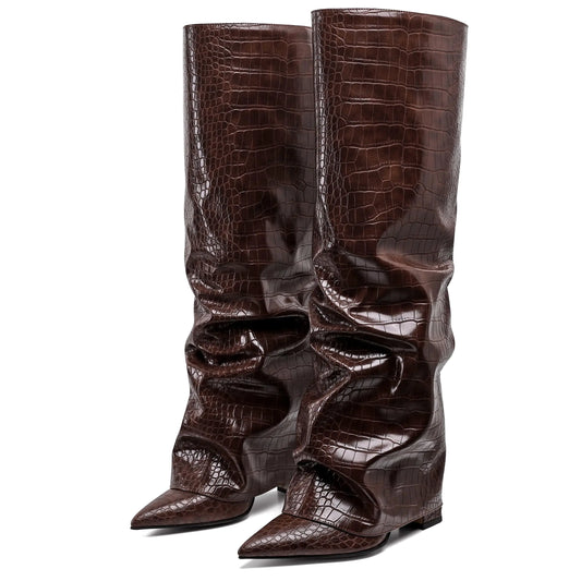 Brown Croc Pointed Knee High Boots