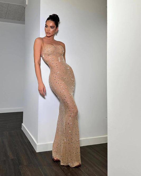 Rhinestone Suspender Mesh Sheath Dress