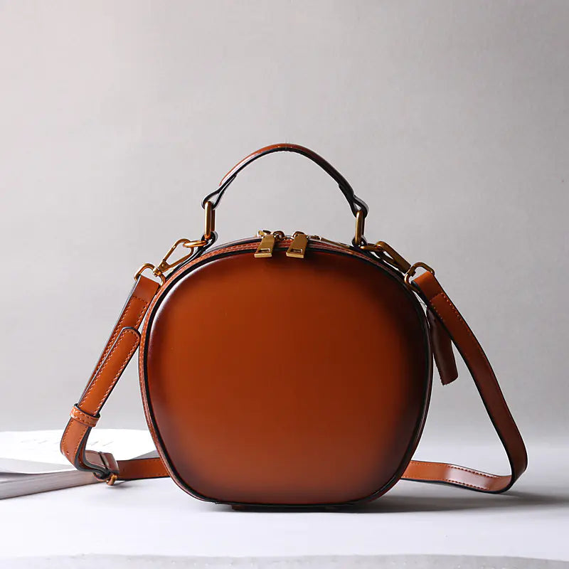 Round Leather Two-Layer Crossbody Handbag