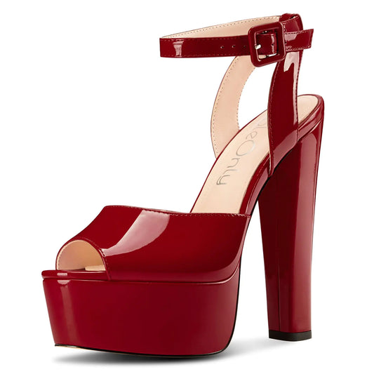 Wine Red Platform Chunky Heel Sandals