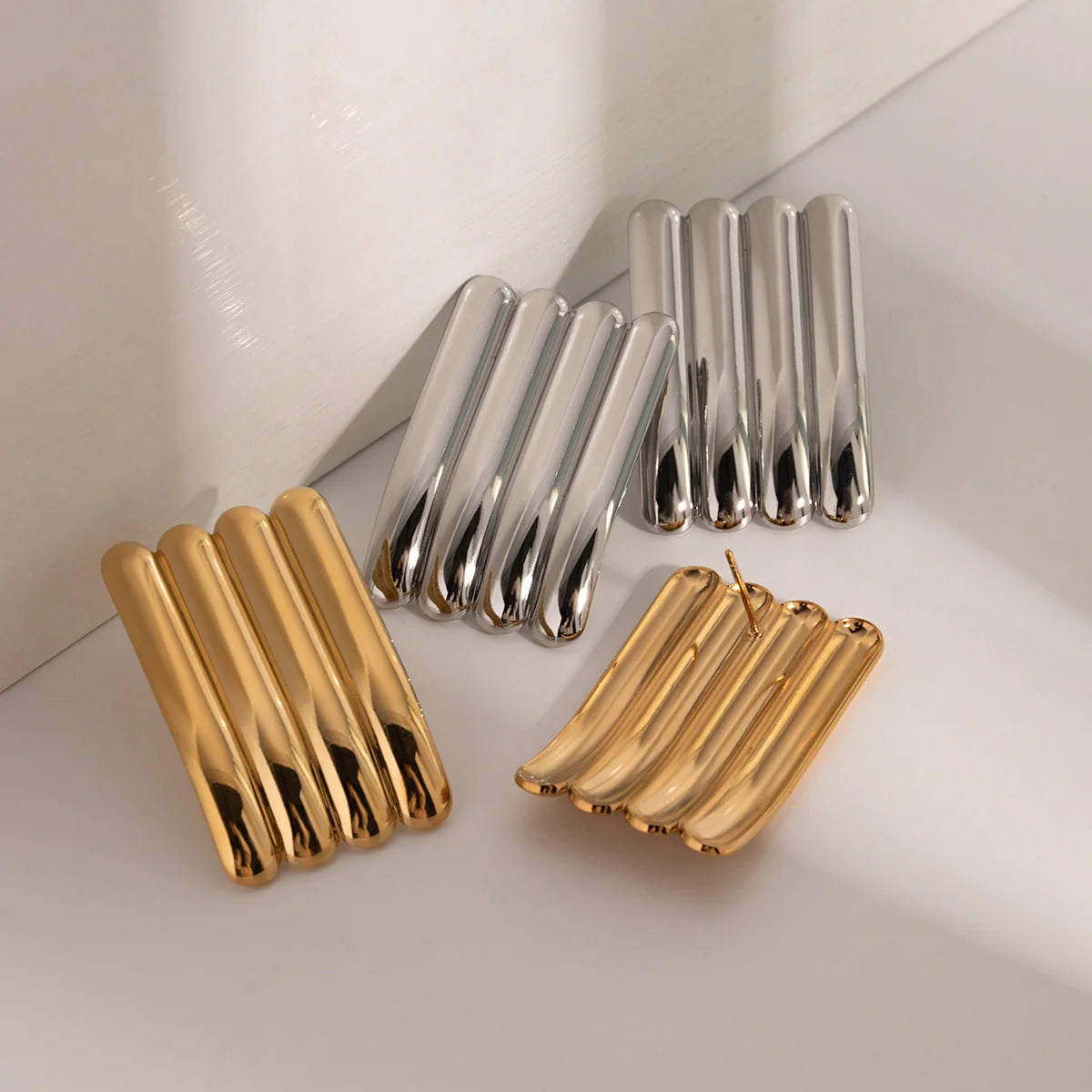 18K Gold Striped Stainless Steel Earrings