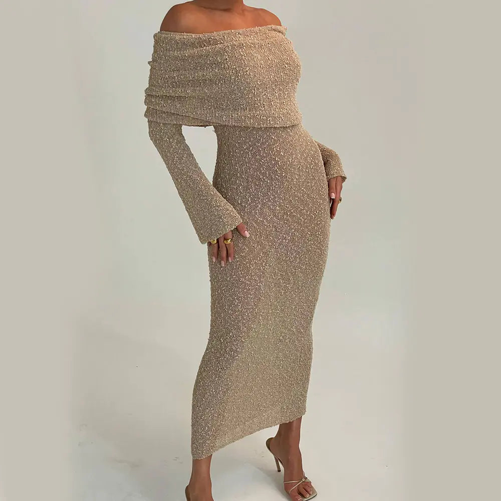 Off Shoulder Knitted Long Sleeve Maxi Dress