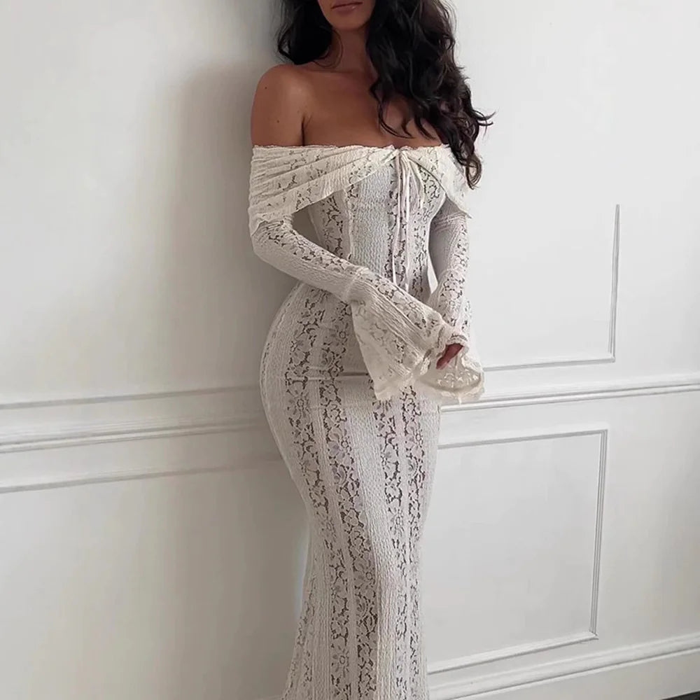 Women's Lace Lace-Up Long Sleeve High Waist Dress