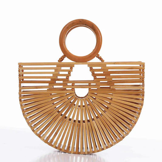 Bamboo Woven Half-Moon Beach Tote Bag
