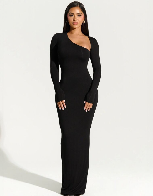 Black Asymmetric Neck Long Sleeve Bodycon Dress
