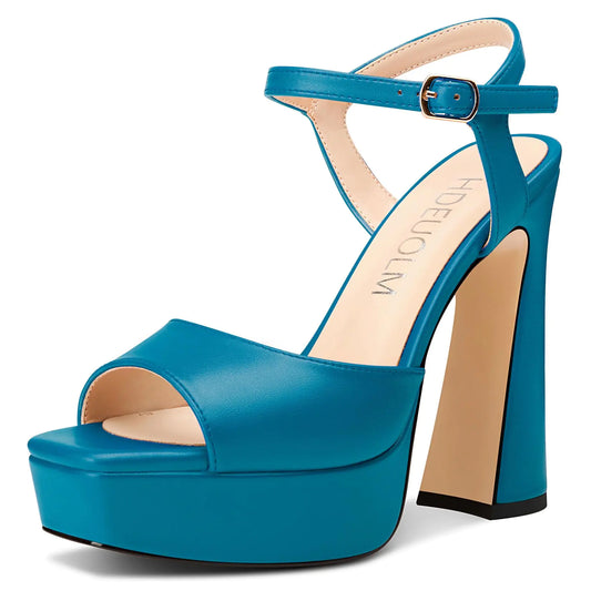 Chunky Blue Platform Block Heels, 5.3”