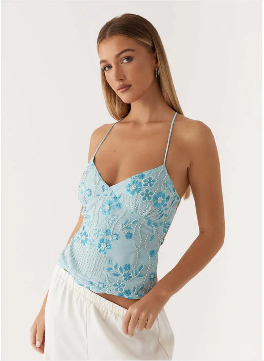 Micro-Stretch Embroidered Slim Crop Top