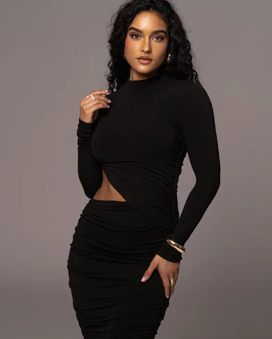 Round Neck Pleated Hollow Midi Bodycon Dress