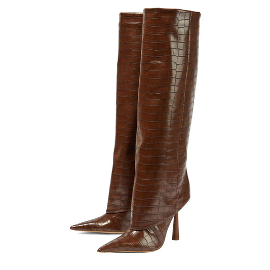 Pointed Toe Fold Over Stiletto Knee High Boots