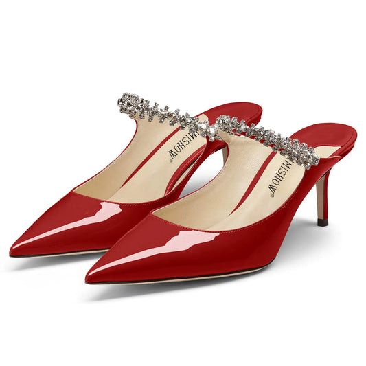 Red Rhinestone Pointed-Toe Mule Heels