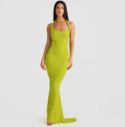 Backless Halter Pleated Sheath Maxi Dress