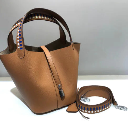 Genuine Leather Woven Bucket Tote Bag