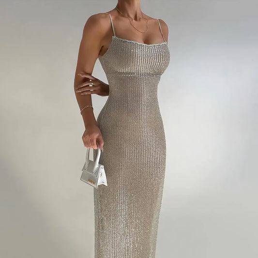 Sequin Square-Neck Slim Long Dress