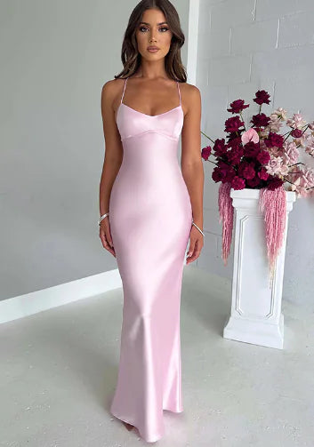 Blush Pink Satin Backless Satin Maxi Dress