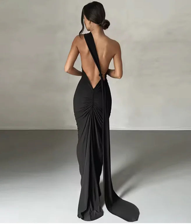 Slant Shoulder Backless Maxi Evening Dress