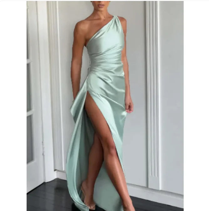 Sleek Satin One Shoulder Slit Dress
