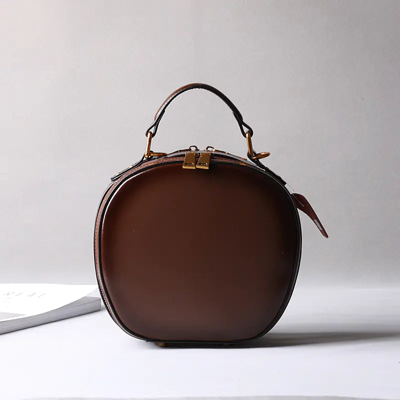 Round Leather Two-Layer Crossbody Handbag