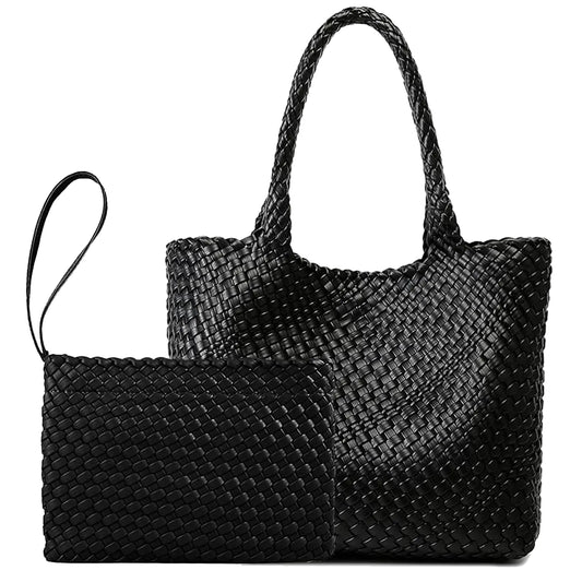 Black Vegan Leather Woven Tote Shoulder Bag