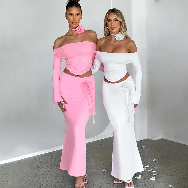 Slim Fit Long Sleeve Top and Skirt Set