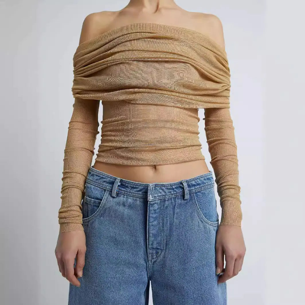 Sheer Off-Shoulder Mesh Long-Sleeve Top