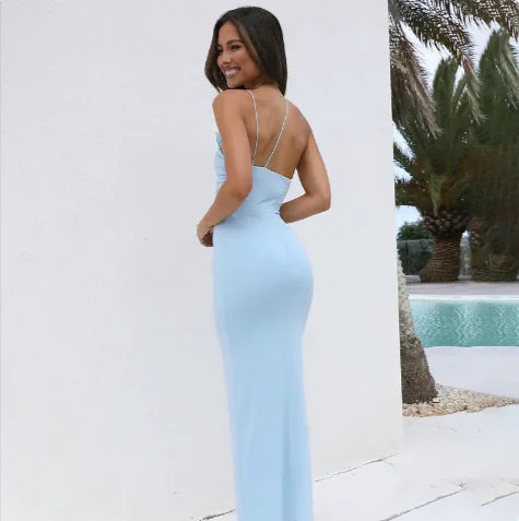 Backless Halter Maxi Dress in Blue / Black