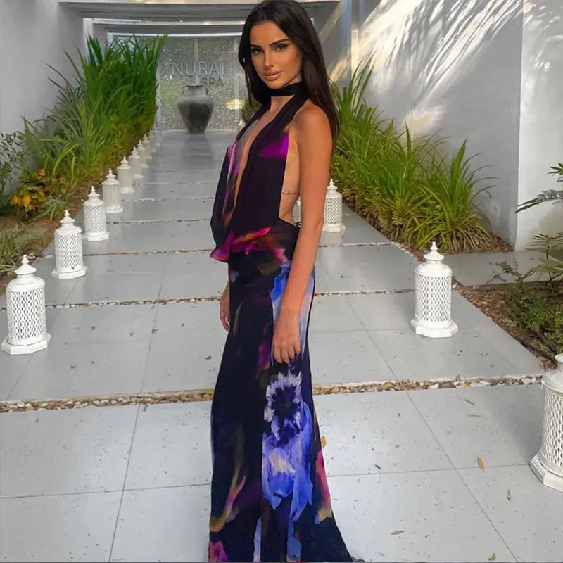 Purple Print Backless High Waist Long Dress