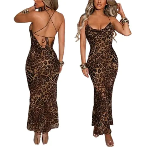 Leopard Print Backless Spaghetti Strap Maxi