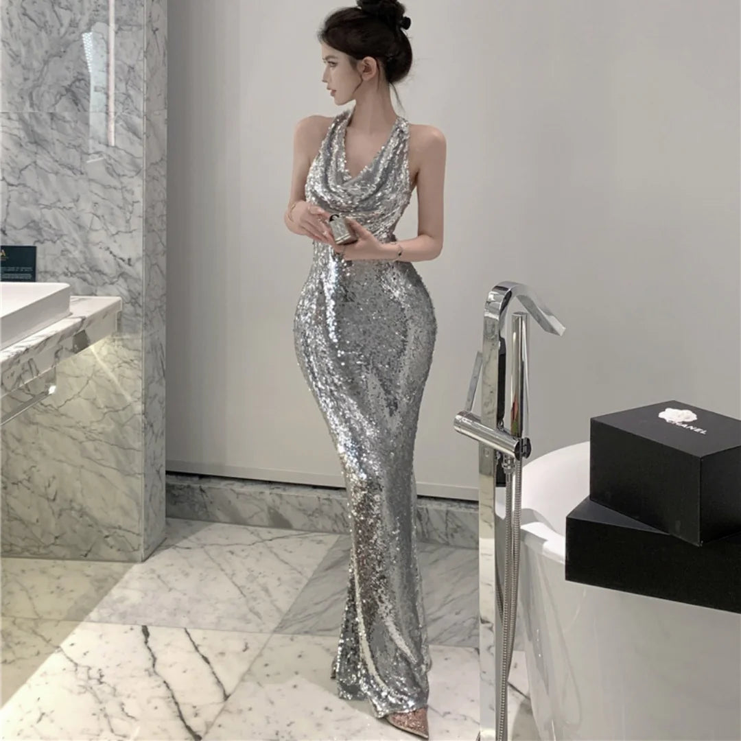 Elegant Glitter Silver Evening Party Dress