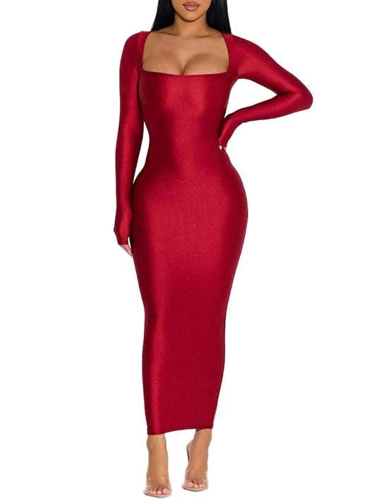 Square-Neck Long Sleeve Bodycon Maxi Dress