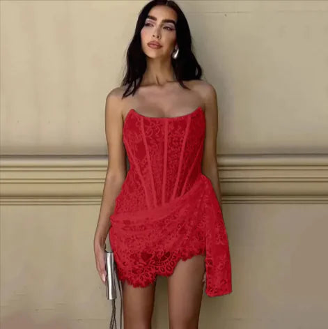 Strapless Lace-Up Back A-Line Mini Dress