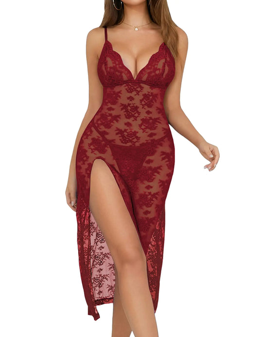 Long Lace V-Neck Split Sleep Dress